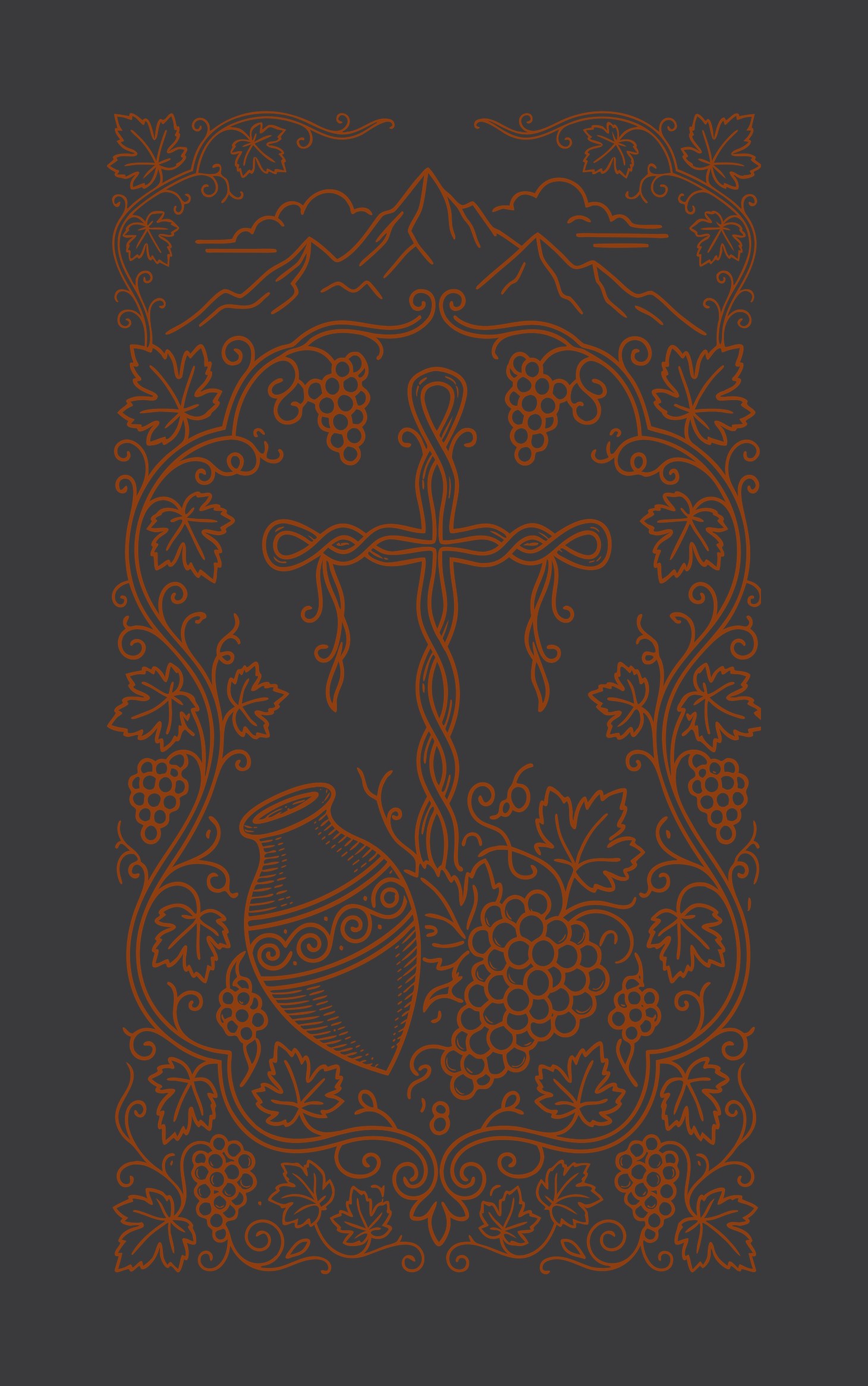 Grapevine cross design in copper line work on dark heather grey